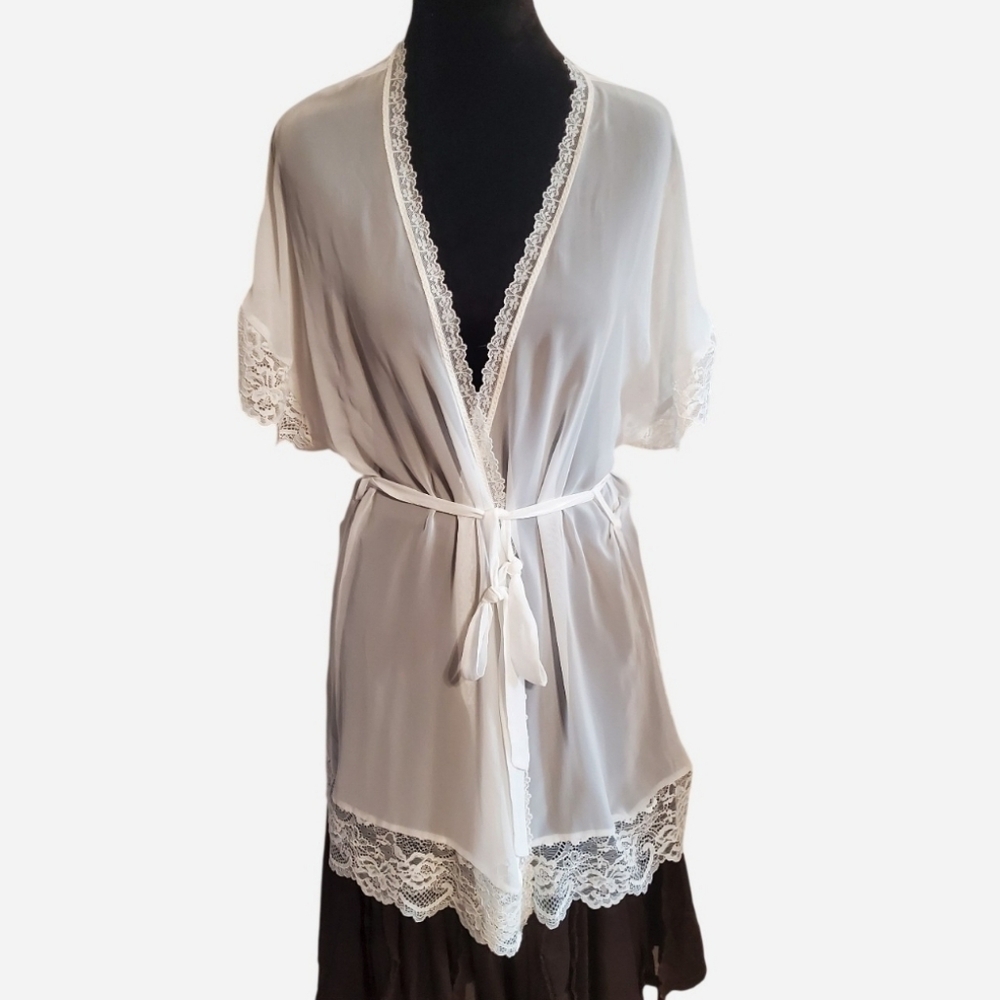 In Bloom by Jonquil Sheer White Lace Trim Robe Size L Bridal AngelCore Romantic